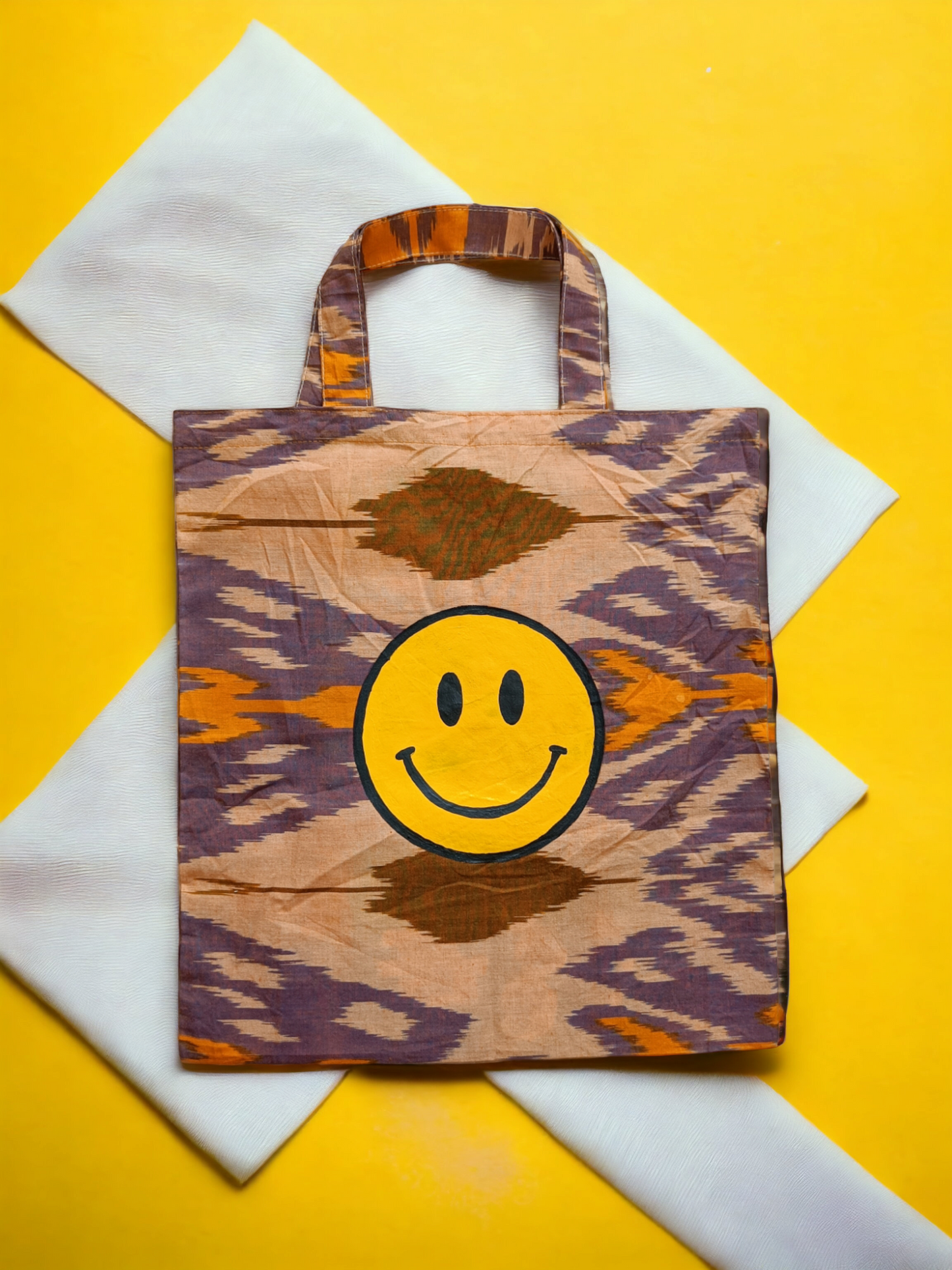 Custom Upcycled Fabric Bag- Smiley Face